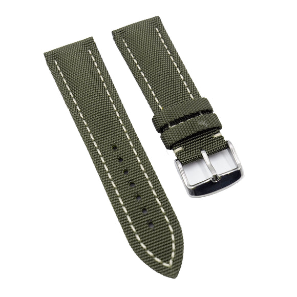 23mm Army Green Nylon Watch Strap, White Stitching For Blancpain Fifty Fathoms