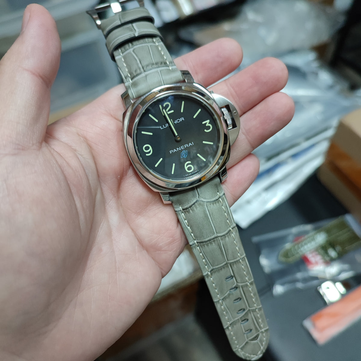 24mm Gray Alligator Embossed Calf Leather Watch Strap For Panerai