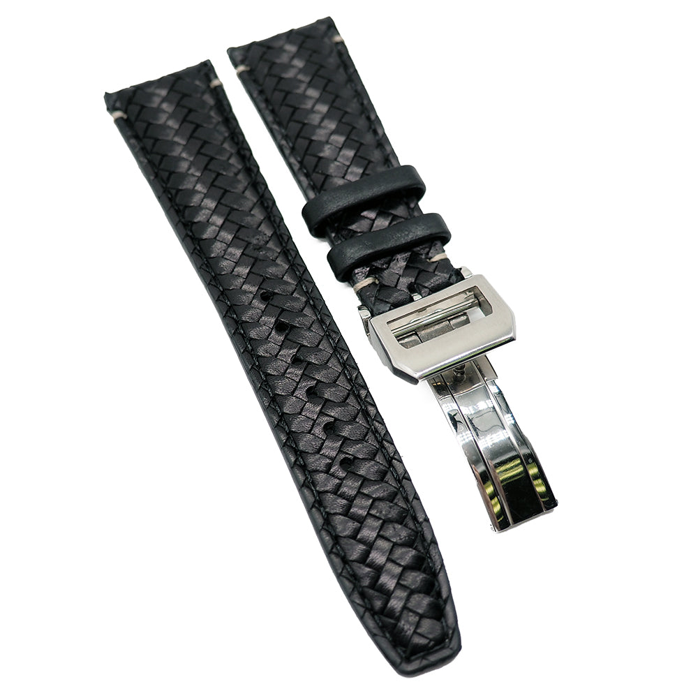 20mm, 21mm, 22mm Black Weave Pattern Calf Leather Watch  display picture 2