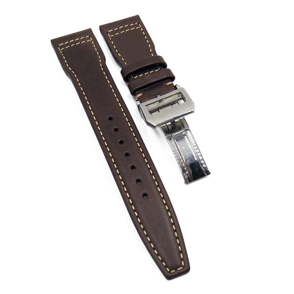 21mm Pilot Style Brunette Brown Calf Leather Watch Strap For IWC, Semi Square Tail