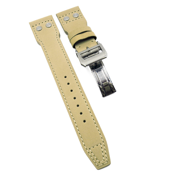 22mm Pilot Style Khaki Calf Leather Watch Strap For IWC, Rivet Lug, Semi Square Tail