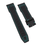 21mm Pilot Style Black Fiber Watch Strap For IWC, Aqua Blue Stitching, Semi Square Tail