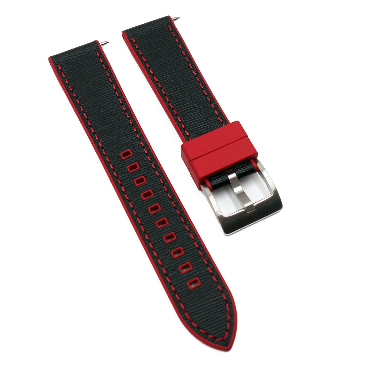 20mm, 22mm Hybrid Black Saffiano Leather Red FKM Rubber Watch