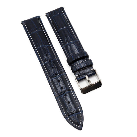 19mm Waxed Deep Blue Alligator-Embossed Calf Leather Watch Strap, White Stitching, Quick Release Spring Bars-Revival Strap