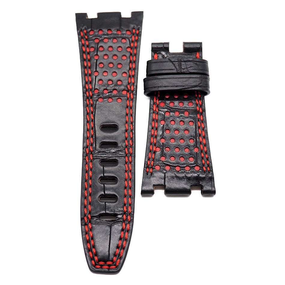 28mm Black Alligator Leather Double Red Stitching Watch Strap For