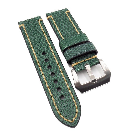 24mm Sea Green Waxed Lizard Leather Watch Strap, Wide Stitching