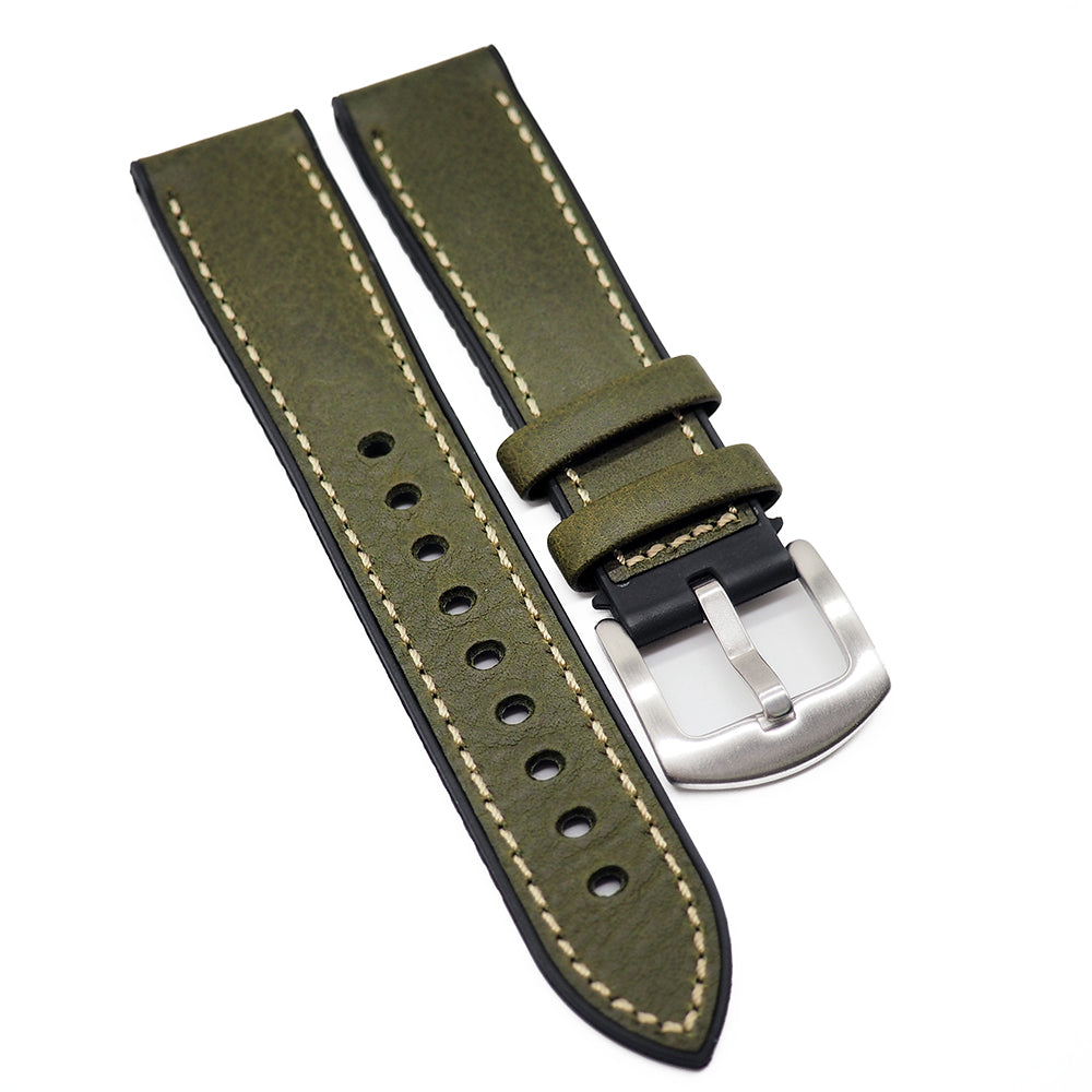 18mm, 20mm, 22mm Olive Green Italian Calf Leather Rubber Watch