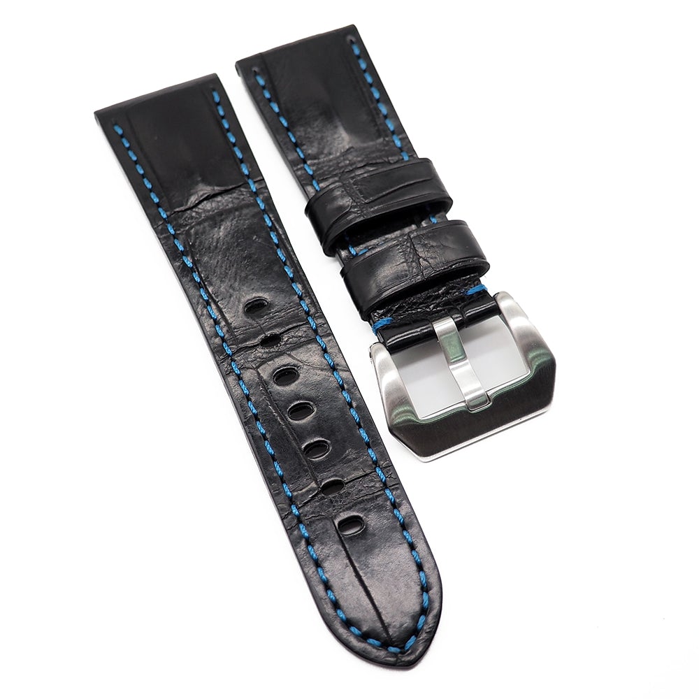 26mm Waxed Black Alligator Leather Watch Strap For Panerai Blue