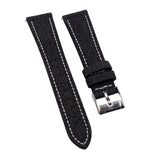 18mm, 19mm, 20mm Black Canvas Watch Strap, White Stitching, Quick Release Spring Bars