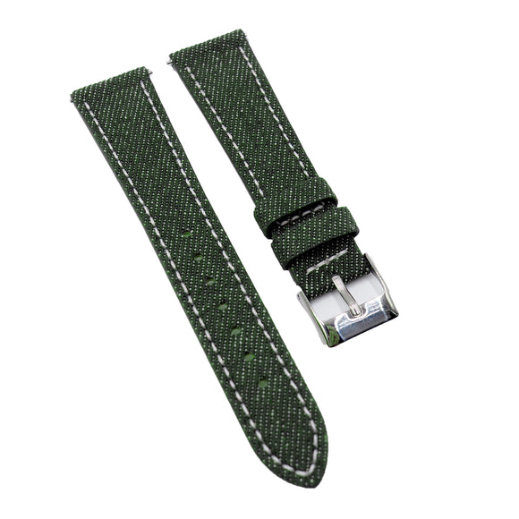 18mm, 19mm, 20mm Green Canvas Watch Strap, White Stitching, Quick Release Spring Bars