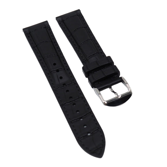 18mm, 20mm, 21mm, 22mm, 24mm Black Alligator-Embossed Rubber Watch Strap, Quick Release Spring Bars