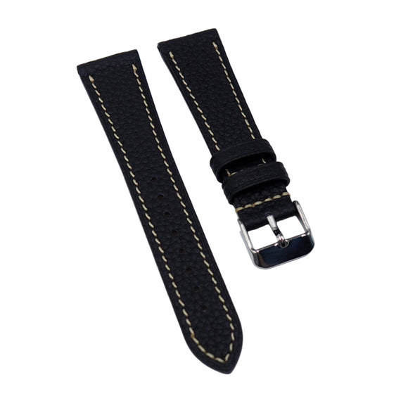 18mm, 20mm Black Litchi Grain Calf Leather Watch Strap, Cream Stitching