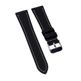 18mm, 20mm Black Litchi Grain Calf Leather Watch Strap, Cream Stitching