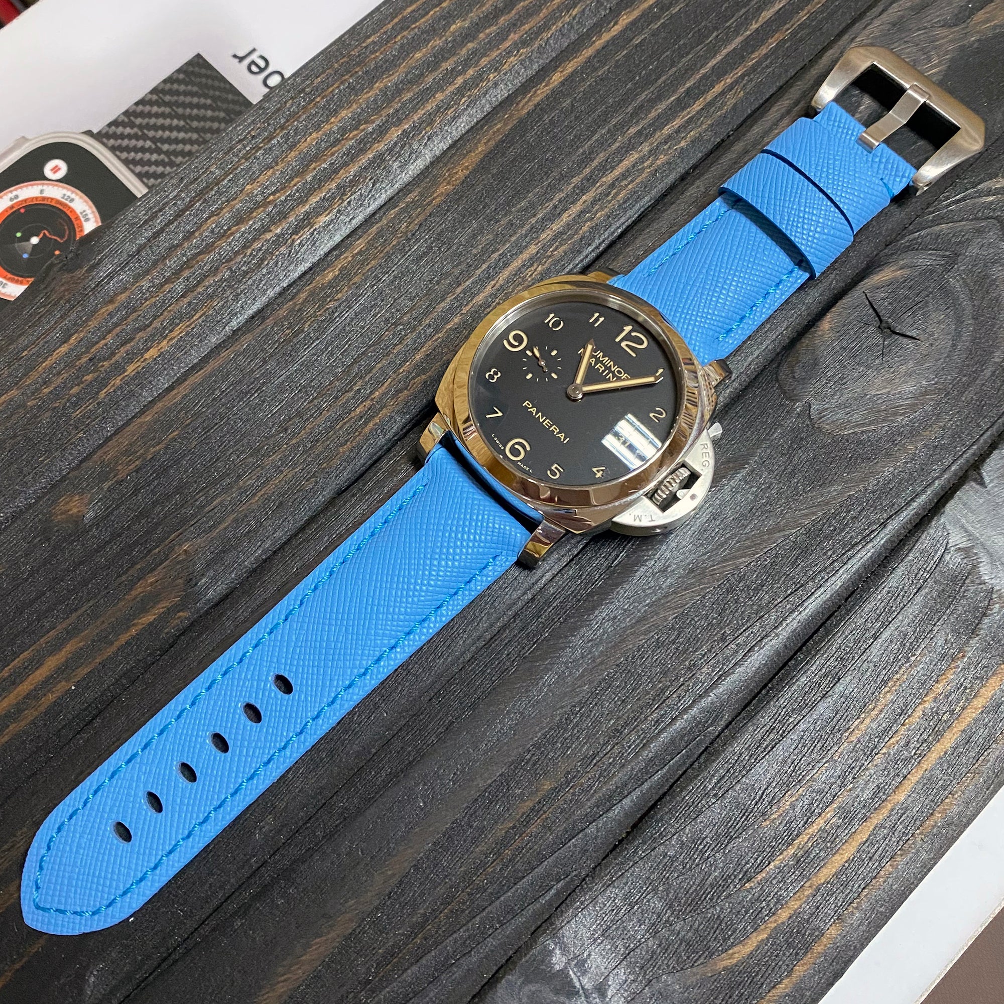 24mm, 26mm Sky Blue Saffiano Leather Watch Strap For Panerai, Two
