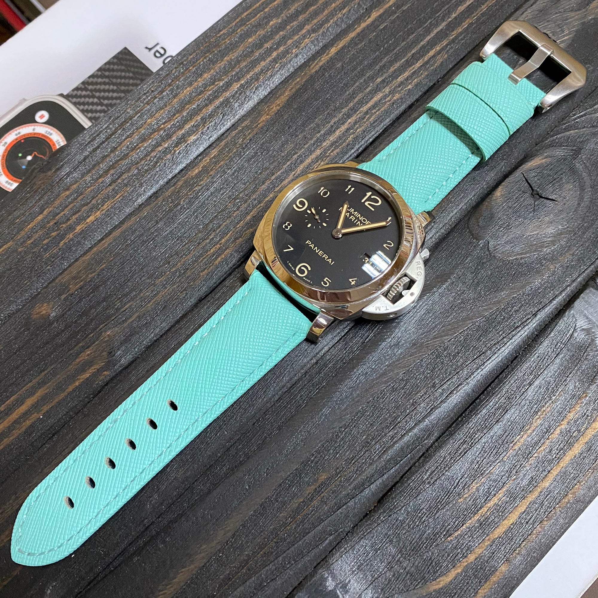 24mm Tiffany Blue Saffiano Leather Watch Strap For Panerai, Two