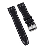 20mm, 21mm Pilot Style Black Sailcloth Watch Strap For IWC, White Stitching, Semi Square Tail