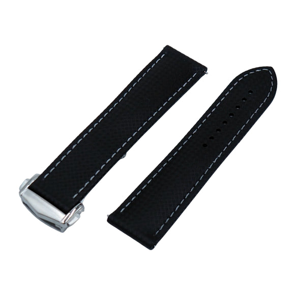 20mm, 22mm Omega Style Sailcloth Texture Black FKM Rubber Watch Strap, White Stitching, Quick Release Spring Bars