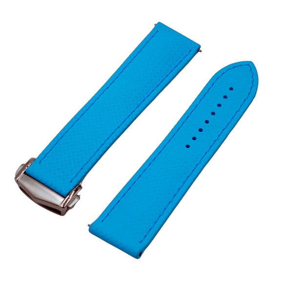 20mm, 22mm Omega Style Sailcloth Texture Sky Blue FKM Rubber Watch Strap, Quick Release Spring Bars