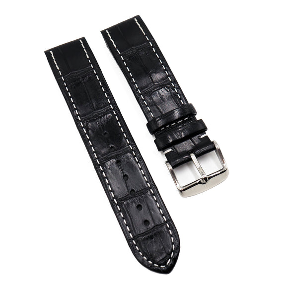20mm, 23mm Black Alligator Leather Watch Strap, White Stitching For Cartier Santos