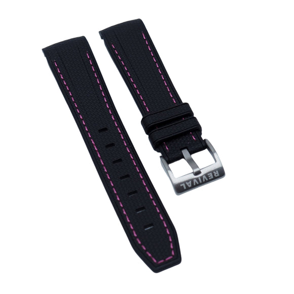 20mm Curved End Nylon Grain Black Rubber Watch Strap, Pink Stitching For Rolex, Omega and MoonSwatch