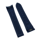 21mm Nylon Grain Navy Blue Curved End FKM Rubber Watch Strap, White Stitching For Omega