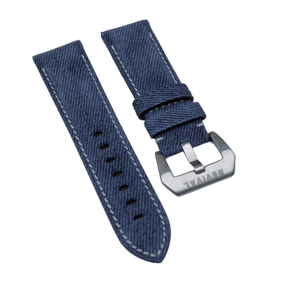 22mm, 24mm Italy Art Jeans Calf Leather Watch Strap, Blue, White Stitching For Panerai