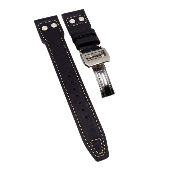 22mm Pilot Style Black Calf Leather Watch Strap For IWC, Rivet Lug, Semi Square Tail