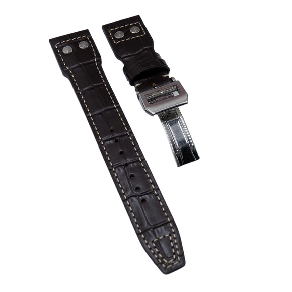 22mm Pilot Style Dark Brown Alligator Embossed Calf Leather Watch Strap For IWC, Rivet Lug, Semi Square Tail