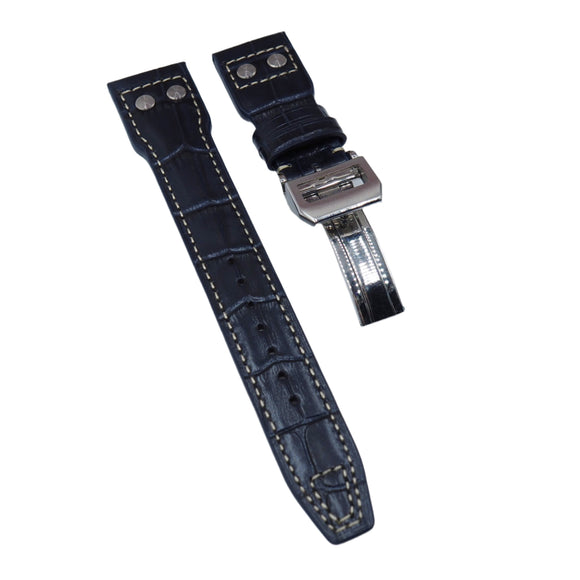 22mm Pilot Style Deep Blue Alligator Embossed Calf Leather Watch Strap For IWC, Rivet Lug, Semi Square Tail