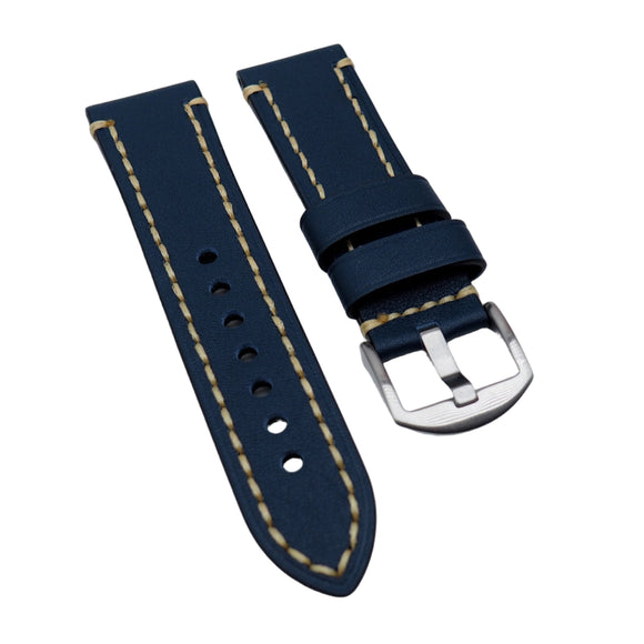 23mm Aegean Blue Calf Leather Watch Strap, Wide Stitching