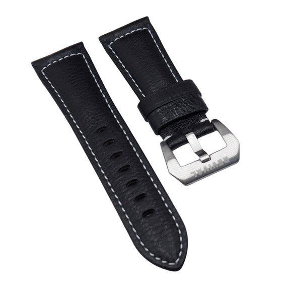24mm, 26mm Black Calf Leather Watch Strap For Panerai, White Stitching