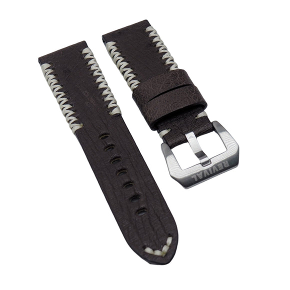 24mm Dark Brown Ostrich Leather Watch Strap For Panerai, M Pattern Stitching