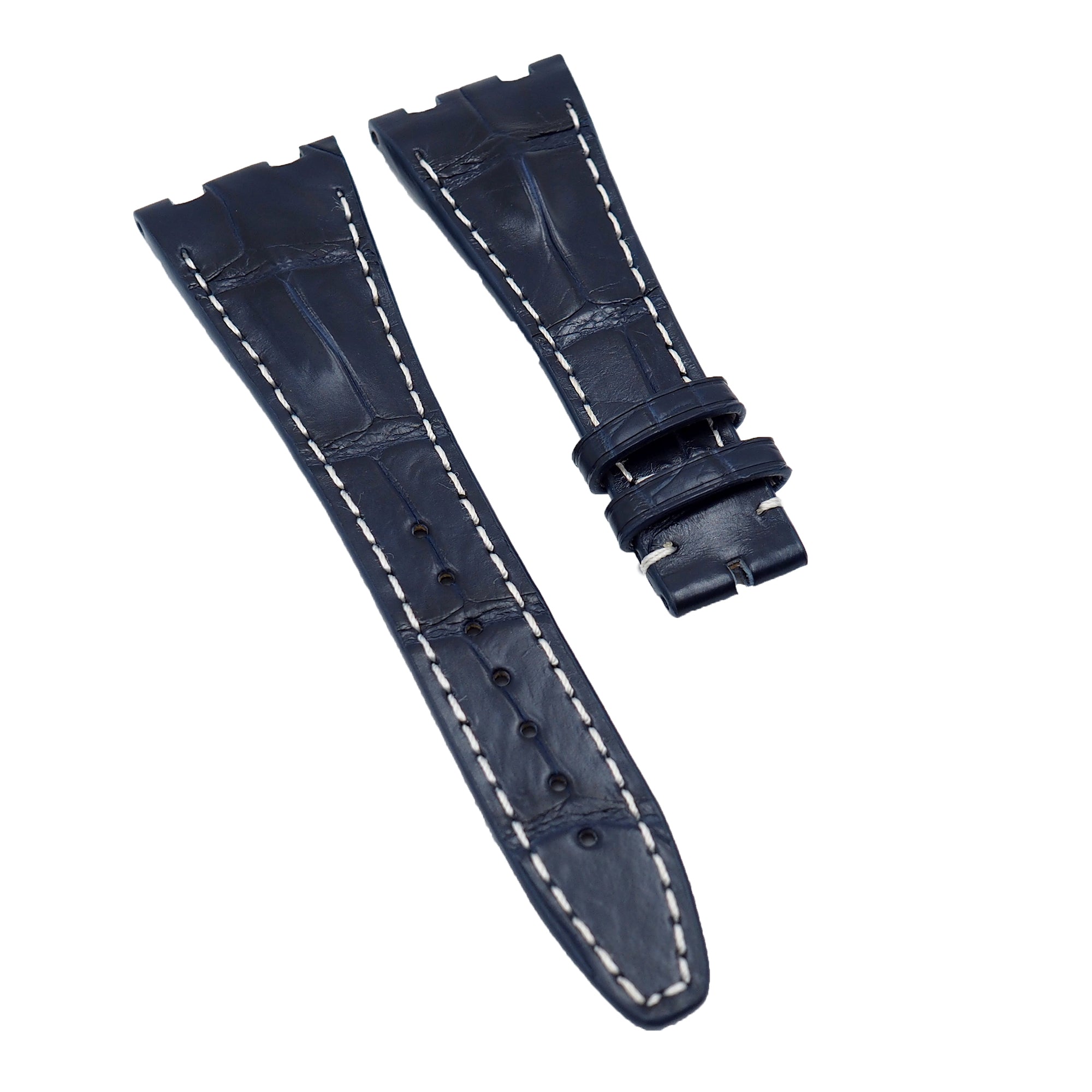 AUDIMAR PIGUET レザーベルト ネイビー クロコ 28mm Navy Blue Alligator Leather Watch Strap, White Stitching For