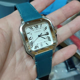 18mm, 21mm Teal Blue Litchi Grain Calf Leather Watch Strap For Cartier Santos Model, Quick Release