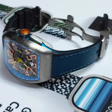 26mm, 29mm Hybrid Sea Blue Epsom Calf Leather Black Rubber Watch Strap For Franck Muller Vanguard