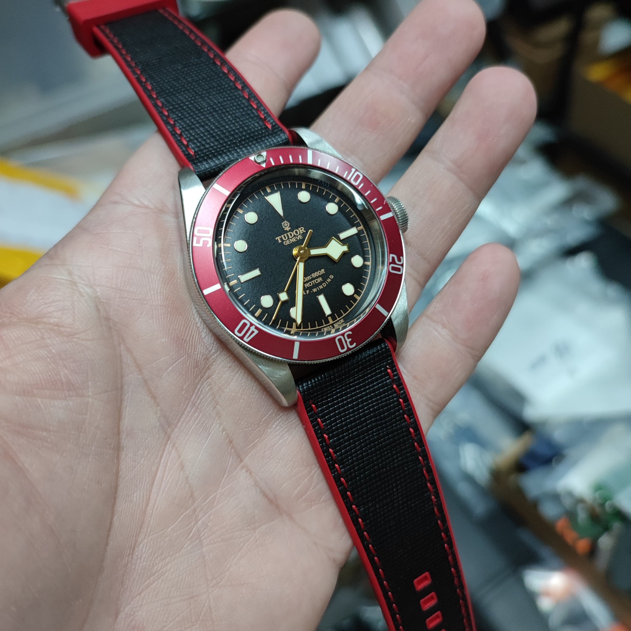20mm, 22mm Hybrid Black Saffiano Leather Red FKM Rubber