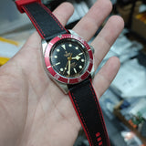 20mm, 22mm Hybrid Black Saffiano Leather Red FKM Rubber Watch Strap, Quick Release Spring Bars