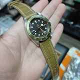 22mm Olive Green Alligator Embossed Calf Leather Watch Strap, White Stitching For Breitling