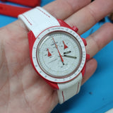 20mm Curved End Nylon Grain White Rubber Watch Strap w/ Red Stitching For Rolex, Omega and MoonSwatch