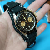 22mm Black Matte Calf Leather Bund Watch Strap For Tudor Black Bay