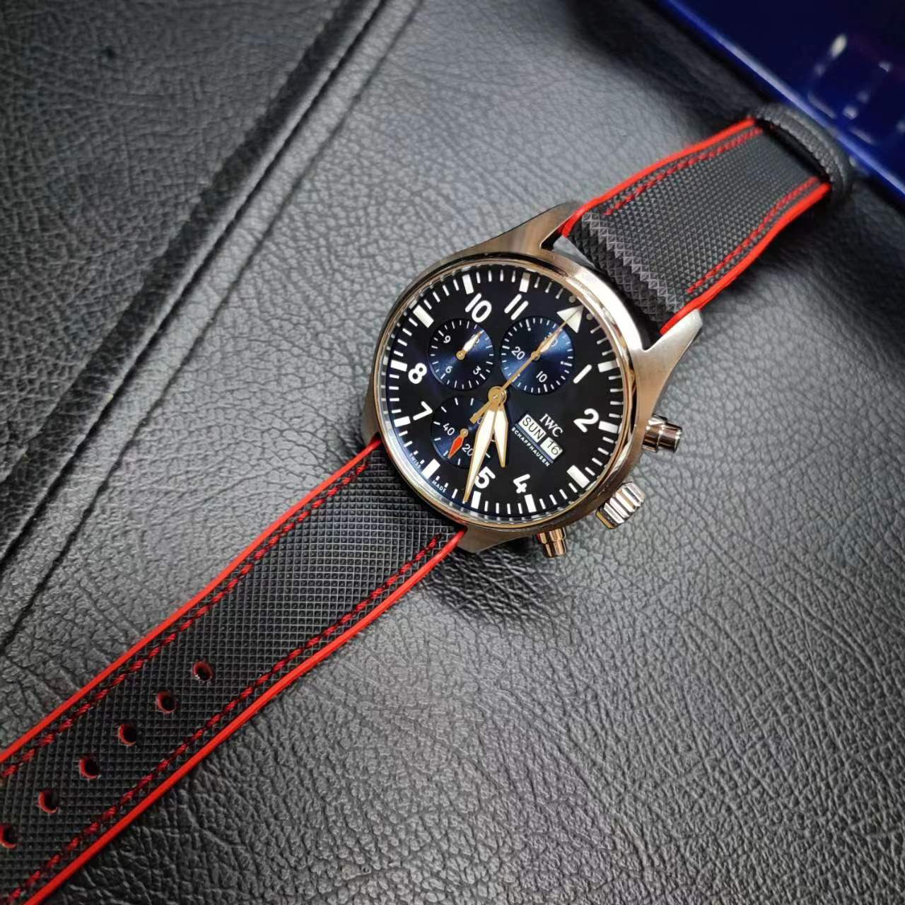 20mm, 21mm, 22mm, 23mm, 24mm Hybrid Black Fiber Red Rubber Watch Strap