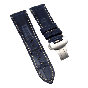 24mm, 26mm Navy Blue Alligator Leather Watch Strap, Cream Stitching For Panerai, Depolyant Clasp Style