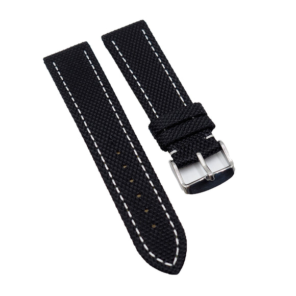 22mm Black Nylon Watch Strap, White Stitching For Breitling