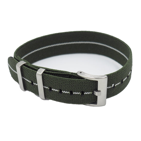 20mm, 22mm Nato Style Multi Color Elastic Nylon Watch Strap, Army Green and White
