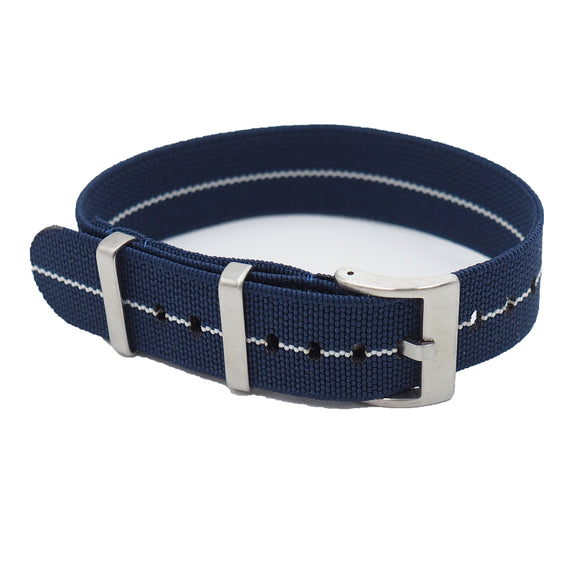20mm, 22mm Nato Style Multi Color Elastic Nylon Watch Strap, Navy Blue and White