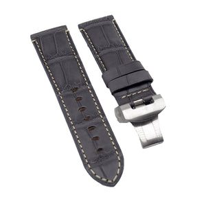 24mm, 26mm Semi-Mat Iron Gray Alligator Leather Watch Strap, Cream Stitching For Panerai, Depolyant Clasp Style