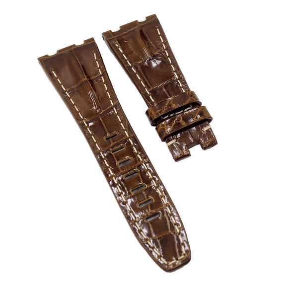 28mm Caramel Brown Alligator Leather Watch Strap, Cream Stitching For Audemars Piguet Royal Oak Offshore 26470 Series