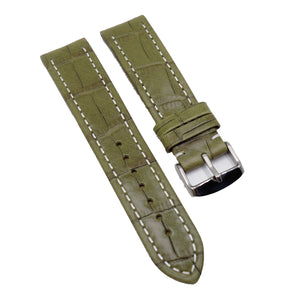 22mm Olive Green Alligator Embossed Calf Leather Watch Strap, White Stitching For Breitling