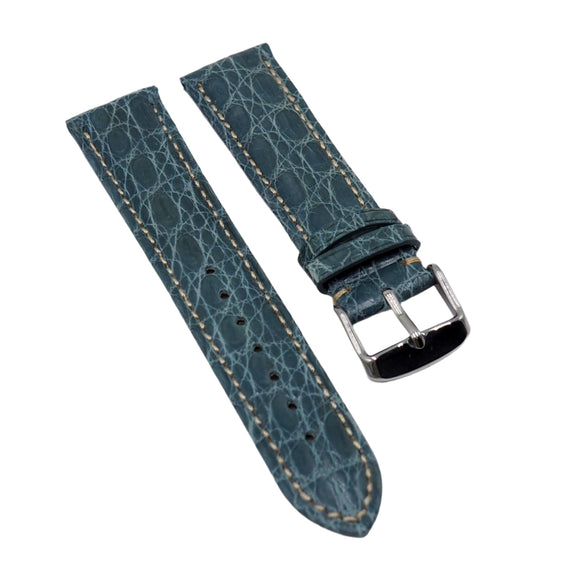 20mm Cerulean Blue Alligator Leather Watch Strap, Cream Stitching