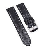 22mm Black Alligator Embossed Calf Leather Watch Strap, White Stitching For Breitling